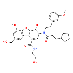 ChemSpider 2D Image | 3-{(3-Cyclopentylpropanoyl)[2-(3-methoxyphenyl)ethyl]amino}-4-hydroxy-N-(2-hydroxyethyl)-8-(hydroxymethyl)-6-methoxy-3,4,4a,9b-tetrahydrodibenzo[b,d]furan-1-carboxamide | C34H44N2O8