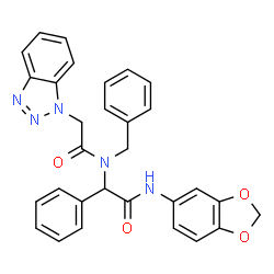 ChemSpider 2D Image | N-[2-(1,3-Benzodioxol-5-ylamino)-2-oxo-1-phenylethyl]-2-(1H-benzotriazol-1-yl)-N-benzylacetamide | C30H25N5O4