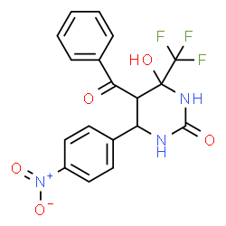 ChemSpider 2D Image | 5-Benzoyl-4-hydroxy-6-(4-nitrophenyl)-4-(trifluoromethyl)tetrahydro-2(1H)-pyrimidinone | C18H14F3N3O5