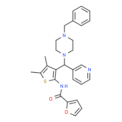 ChemSpider 2D Image | N-{3-[(4-Benzyl-1-piperazinyl)(3-pyridinyl)methyl]-4,5-dimethyl-2-thienyl}-2-furamide | C28H30N4O2S