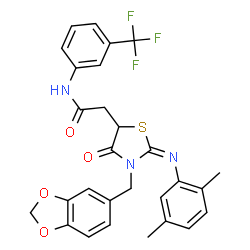 ChemSpider 2D Image | 2-{(2E)-3-(1,3-Benzodioxol-5-ylmethyl)-2-[(2,5-dimethylphenyl)imino]-4-oxo-1,3-thiazolidin-5-yl}-N-[3-(trifluoromethyl)phenyl]acetamide | C28H24F3N3O4S