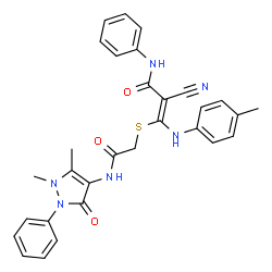 ChemSpider 2D Image | (2Z)-2-Cyano-3-({2-[(1,5-dimethyl-3-oxo-2-phenyl-2,3-dihydro-1H-pyrazol-4-yl)amino]-2-oxoethyl}sulfanyl)-3-[(4-methylphenyl)amino]-N-phenylacrylamide | C30H28N6O3S