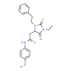 ChemSpider 2D Image | 2-[1-Ethyl-5-oxo-3-(2-phenylethyl)-2-thioxo-4-imidazolidinyl]-N-(4-methoxyphenyl)acetamide | C22H25N3O3S