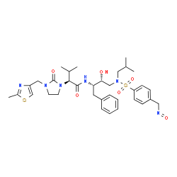 ChemSpider 2D Image | (2S)-N-[(2S,3R)-3-Hydroxy-4-(isobutyl{[4-(nitrosomethyl)phenyl]sulfonyl}amino)-1-phenyl-2-butanyl]-3-methyl-2-{3-[(2-methyl-1,3-thiazol-4-yl)methyl]-2-oxo-1-imidazolidinyl}butanamide | C34H46N6O6S2