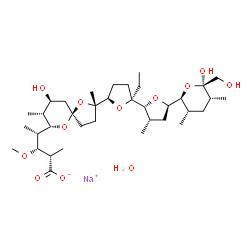 ChemSpider 2D Image | Sodium (2S,3R,4S)-4-[(2S,5R,7S,8R,9S)-2-{(2S,2'R,3'S,5R,5'R)-2-ethyl-5'-[(2S,3S,5R,6R)-6-hydroxy-6-(hydroxymethyl)-3,5-dimethyltetrahydro-2H-pyran-2-yl]-3'-methyloctahydro-2,2'-bifuran-5-yl}-9-hydroxy
-2,8-dimethyl-1,6-dioxaspiro[4.5]dec-7-yl]-3-methoxy-2-methylpentanoate hydrate (1:1:1) | C36H63NaO12