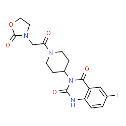 ChemSpider 2D Image | 6-Fluoro-3-{1-[(2-oxo-1,3-oxazolidin-3-yl)acetyl]-4-piperidinyl}-2,4(1H,3H)-quinazolinedione | C18H19FN4O5