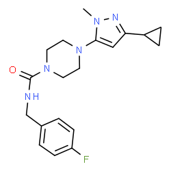 ChemSpider 2D Image | 4-(3-Cyclopropyl-1-methyl-1H-pyrazol-5-yl)-N-(4-fluorobenzyl)-1-piperazinecarboxamide | C19H24FN5O