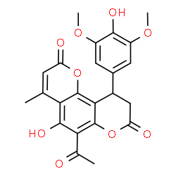 ChemSpider 2D Image | 6-Acetyl-5-hydroxy-10-(4-hydroxy-3,5-dimethoxyphenyl)-4-methyl-9,10-dihydro-2H,8H-pyrano[2,3-f]chromene-2,8-dione | C23H20O9