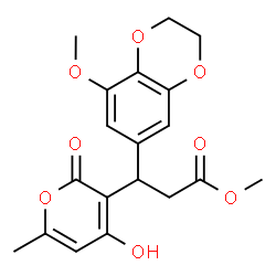 ChemSpider 2D Image | Methyl 3-(4-hydroxy-6-methyl-2-oxo-2H-pyran-3-yl)-3-(8-methoxy-2,3-dihydro-1,4-benzodioxin-6-yl)propanoate | C19H20O8