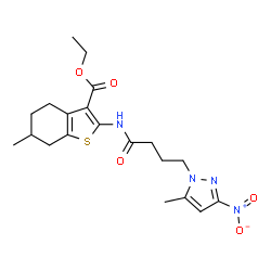 ChemSpider 2D Image | Ethyl 6-methyl-2-{[4-(5-methyl-3-nitro-1H-pyrazol-1-yl)butanoyl]amino}-4,5,6,7-tetrahydro-1-benzothiophene-3-carboxylate | C20H26N4O5S