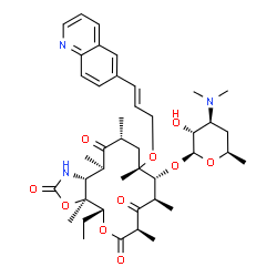 ChemSpider 2D Image | (3aS,4R,7R,9R,10R,11S,13R,15R,15aR)-4-Ethyl-3a,7,9,11,13,15-hexamethyl-2,6,8,14-tetraoxo-11-{[(2E)-3-(6-quinolinyl)-2-propen-1-yl]oxy}tetradecahydro-2H-oxacyclotetradecino[4,3-d][1,3]oxazol-10-yl 3,4,
6-trideoxy-3-(dimethylamino)-beta-D-xylo-hexopyranoside | C42H59N3O10