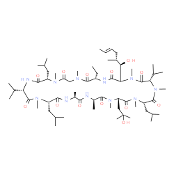 ChemSpider 2D Image | (3S,6S,9S,12R,15S,18S,21S,24S,30S)-30-Ethyl-33-[(1R,2R,4E)-1-hydroxy-2-methyl-4-hexen-1-yl]-9-(2-hydroxy-2-methylpropyl)-6,18,24-triisobutyl-3,21-diisopropyl-1,4,7,10,12,15,19,25,28-nonamethyl-1,4,7,1
0,13,16,19,22,25,28,31-undecaazacyclotritriacontane-2,5,8,11,14,17,20,23,26,29,32-undecone | C62H111N11O13