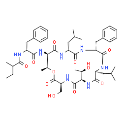 ChemSpider 2D Image | N-[(3S,6R,9S,12R,15R,18R,19S)-12-Benzyl-6-[(1R)-1-hydroxyethyl]-3-(hydroxymethyl)-9,15-diisobutyl-19-methyl-2,5,8,11,14,17-hexaoxo-1-oxa-4,7,10,13,16-pentaazacyclononadecan-18-yl]-Nalpha-(2-methylbuta
noyl)-D-phenylalaninamide | C46H67N7O11
