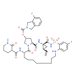 ChemSpider 2D Image | (1R,2S,2'R,6'S,24a'S)-17'-Fluoro-6'-{[(1-methyl-2-oxo-3-piperidinyl)carbonyl]amino}-19',19'-dioxido-5',21',24'-trioxo-2-vinyl-1',2',3',5',6',7',8',9',10',11',12',13',14',20',21',23',24',24a'-octadecah
ydrospiro[cyclopropane-1,22'-pyrrolo[2,1-g][1,2,5,8,18]benzothiatetraazacycloicosin]-2'-yl 4-fluoro-1,3-dihydro-2H-isoindole-2-carboxylate | C42H51F2N7O9S