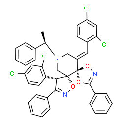 ChemSpider 2D Image | (5R,6R,10S,14E)-14-(2,4-Dichlorobenzylidene)-10-(2,4-dichlorophenyl)-3,9-diphenyl-12-[(1R)-1-phenylethyl]-1,4,7-trioxa-2,8,12-triazadispiro[4.0.4.4]tetradeca-2,8-diene | C41H31Cl4N3O3
