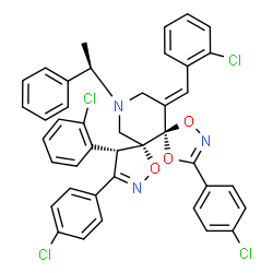 ChemSpider 2D Image | (5R,6R,10S,14E)-14-(2-Chlorobenzylidene)-10-(2-chlorophenyl)-3,9-bis(4-chlorophenyl)-12-[(1R)-1-phenylethyl]-1,4,7-trioxa-2,8,12-triazadispiro[4.0.4.4]tetradeca-2,8-diene | C41H31Cl4N3O3
