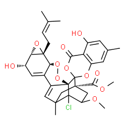 ChemSpider 2D Image | Methyl (1'S,4'R,5'S,7'S,8'S,15'S)-18'-chloro-5,8'-dihydroxy-17'-methoxy-7,13'-dimethyl-5'-(3-methyl-2-buten-1-yl)-4-oxo-4H,15'H-spiro[1,3-benzodioxine-2,19'-[2,3,6]trioxahexacyclo[13.3.1.0~1,11~.0~4,1
0~.0~5,7~.0~13,18~]nonadeca[9,11]diene]-15'-carboxylate | C33H35ClO11