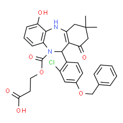 ChemSpider 2D Image | 3-[({11-[4-(Benzyloxy)-2-chlorophenyl]-6-hydroxy-3,3-dimethyl-1-oxo-1,2,3,4,5,11-hexahydro-10H-dibenzo[b,e][1,4]diazepin-10-yl}carbonyl)oxy]propanoic acid | C32H31ClN2O7