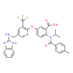 ChemSpider 2D Image | 5-({5-[(1H-Benzimidazol-2-ylamino)methyl]-3-(trifluoromethyl)-2-pyridinyl}oxy)-2-[isopropyl(4-methylbenzoyl)amino]benzoic acid | C32H28F3N5O4
