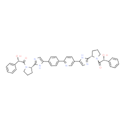 ChemSpider 2D Image | (2R)-2-Hydroxy-1-[(2S)-2-(5-{6-[4-(2-{(2S)-1-[(2S)-2-hydroxy-2-phenylacetyl]-2-pyrrolidinyl}-1H-imidazol-5-yl)phenyl]-3-pyridinyl}-1H-imidazol-2-yl)-1-pyrrolidinyl]-2-phenylethanone | C41H39N7O4