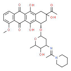 ChemSpider 2D Image | (1S)-3-Acetyl-3,5,12-trihydroxy-10-methoxy-6,11-dioxo-1,2,3,4,6,11-hexahydro-1-tetracenyl 2,3,6-trideoxy-3-{(E)-[1-(1-piperidinyl)ethylidene]amino}hexopyranoside | C34H40N2O10