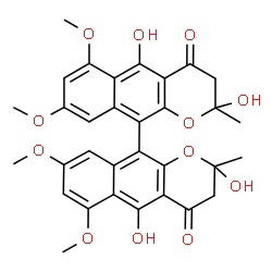 ChemSpider 2D Image | 2,2',5,5'-Tetrahydroxy-6,6',8,8'-tetramethoxy-2,2'-dimethyl-2,2',3,3'-tetrahydro-4H,4'H-10,10'-bibenzo[g]chromene-4,4'-dione | C32H30O12
