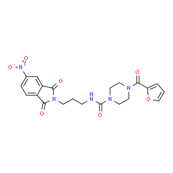 ChemSpider 2D Image | 4-(2-Furoyl)-N-[3-(5-nitro-1,3-dioxo-1,3-dihydro-2H-isoindol-2-yl)propyl]-1-piperazinecarboxamide | C21H21N5O7