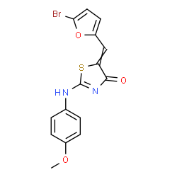 ChemSpider 2D Image | 5-[(5-Bromo-2-furyl)methylene]-2-[(4-methoxyphenyl)amino]-1,3-thiazol-4(5H)-one | C15H11BrN2O3S
