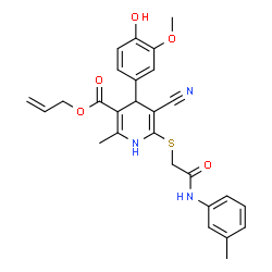 ChemSpider 2D Image | Allyl 5-cyano-4-(4-hydroxy-3-methoxyphenyl)-2-methyl-6-({2-[(3-methylphenyl)amino]-2-oxoethyl}sulfanyl)-1,4-dihydro-3-pyridinecarboxylate | C27H27N3O5S
