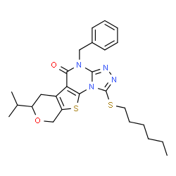 ChemSpider 2D Image | 4-Benzyl-1-(hexylsulfanyl)-7-isopropyl-6,9-dihydro-7H-pyrano[4',3':4,5]thieno[3,2-e][1,2,4]triazolo[4,3-a]pyrimidin-5(4H)-one | C26H32N4O2S2