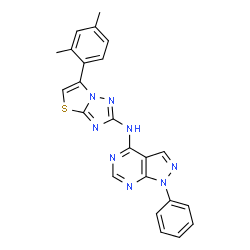 ChemSpider 2D Image | N-[6-(2,4-Dimethylphenyl)[1,3]thiazolo[3,2-b][1,2,4]triazol-2-yl]-1-phenyl-1H-pyrazolo[3,4-d]pyrimidin-4-amine | C23H18N8S