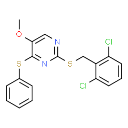 ChemSpider 2D Image | 2-[(2,6-Dichlorobenzyl)sulfanyl]-5-methoxy-4-(phenylsulfanyl)pyrimidine | C18H14Cl2N2OS2