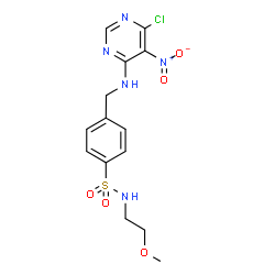 ChemSpider 2D Image | 4-{[(6-Chloro-5-nitro-4-pyrimidinyl)amino]methyl}-N-(2-methoxyethyl)benzenesulfonamide | C14H16ClN5O5S