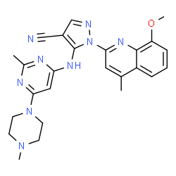 ChemSpider 2D Image | 1-(8-Methoxy-4-methyl-2-quinolinyl)-5-{[2-methyl-6-(4-methyl-1-piperazinyl)-4-pyrimidinyl]amino}-1H-pyrazole-4-carbonitrile | C25H27N9O