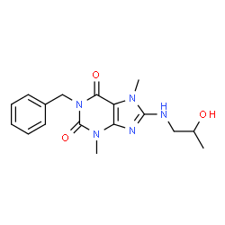 ChemSpider 2D Image | 1-Benzyl-8-[(2-hydroxypropyl)amino]-3,7-dimethyl-3,7-dihydro-1H-purine-2,6-dione | C17H21N5O3