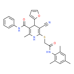 ChemSpider 2D Image | 5-Cyano-4-(2-furyl)-6-{[2-(mesitylamino)-2-oxoethyl]sulfanyl}-2-methyl-N-phenyl-1,4-dihydro-3-pyridinecarboxamide | C29H28N4O3S