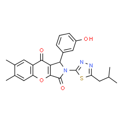 ChemSpider 2D Image | 1-(3-Hydroxyphenyl)-2-(5-isobutyl-1,3,4-thiadiazol-2-yl)-6,7-dimethyl-1,2-dihydrochromeno[2,3-c]pyrrole-3,9-dione | C25H23N3O4S