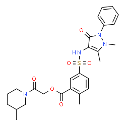 ChemSpider 2D Image | 2-(3-Methyl-1-piperidinyl)-2-oxoethyl 5-[(1,5-dimethyl-3-oxo-2-phenyl-2,3-dihydro-1H-pyrazol-4-yl)sulfamoyl]-2-methylbenzoate | C27H32N4O6S