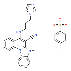 ChemSpider 2D Image | 6-Cyano-5-{[3-(1H-imidazol-1-yl)propyl]amino}-7-methyl-7H-[3,1]benzimidazo[1,2-a]quinolin-12-ium 4-methylbenzenesulfonate | C30H28N6O3S