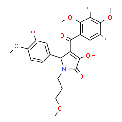 ChemSpider 2D Image | 4-(3,5-Dichloro-2,4-dimethoxybenzoyl)-3-hydroxy-5-(3-hydroxy-4-methoxyphenyl)-1-(3-methoxypropyl)-1,5-dihydro-2H-pyrrol-2-one | C24H25Cl2NO8