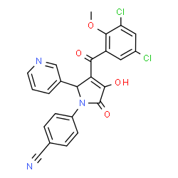 ChemSpider 2D Image | 4-[3-(3,5-Dichloro-2-methoxybenzoyl)-4-hydroxy-5-oxo-2-(3-pyridinyl)-2,5-dihydro-1H-pyrrol-1-yl]benzonitrile | C24H15Cl2N3O4