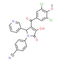 ChemSpider 2D Image | 4-[3-(3,5-Dichloro-4-methoxybenzoyl)-4-hydroxy-5-oxo-2-(3-pyridinyl)-2,5-dihydro-1H-pyrrol-1-yl]benzonitrile | C24H15Cl2N3O4