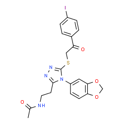 ChemSpider 2D Image | N-{2-[4-(1,3-Benzodioxol-5-yl)-5-{[2-(4-iodophenyl)-2-oxoethyl]sulfanyl}-4H-1,2,4-triazol-3-yl]ethyl}acetamide | C21H19IN4O4S