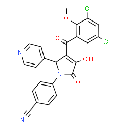 ChemSpider 2D Image | 4-[3-(3,5-Dichloro-2-methoxybenzoyl)-4-hydroxy-5-oxo-2-(4-pyridinyl)-2,5-dihydro-1H-pyrrol-1-yl]benzonitrile | C24H15Cl2N3O4