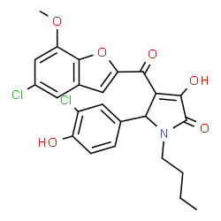 ChemSpider 2D Image | 1-Butyl-5-(3-chloro-4-hydroxyphenyl)-4-[(5-chloro-7-methoxy-1-benzofuran-2-yl)carbonyl]-3-hydroxy-1,5-dihydro-2H-pyrrol-2-one | C24H21Cl2NO6
