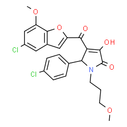 ChemSpider 2D Image | 4-[(5-Chloro-7-methoxy-1-benzofuran-2-yl)carbonyl]-5-(4-chlorophenyl)-3-hydroxy-1-(3-methoxypropyl)-1,5-dihydro-2H-pyrrol-2-one | C24H21Cl2NO6