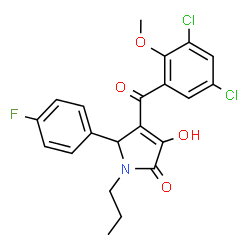 ChemSpider 2D Image | 4-(3,5-Dichloro-2-methoxybenzoyl)-5-(4-fluorophenyl)-3-hydroxy-1-propyl-1,5-dihydro-2H-pyrrol-2-one | C21H18Cl2FNO4
