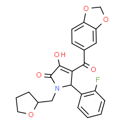 ChemSpider 2D Image | 4-(1,3-Benzodioxol-5-ylcarbonyl)-5-(2-fluorophenyl)-3-hydroxy-1-(tetrahydro-2-furanylmethyl)-1,5-dihydro-2H-pyrrol-2-one | C23H20FNO6
