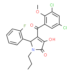 ChemSpider 2D Image | 4-(3,5-Dichloro-2-methoxybenzoyl)-5-(2-fluorophenyl)-3-hydroxy-1-propyl-1,5-dihydro-2H-pyrrol-2-one | C21H18Cl2FNO4