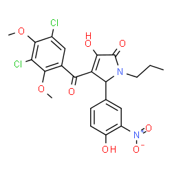 ChemSpider 2D Image | 4-(3,5-Dichloro-2,4-dimethoxybenzoyl)-3-hydroxy-5-(4-hydroxy-3-nitrophenyl)-1-propyl-1,5-dihydro-2H-pyrrol-2-one | C22H20Cl2N2O8